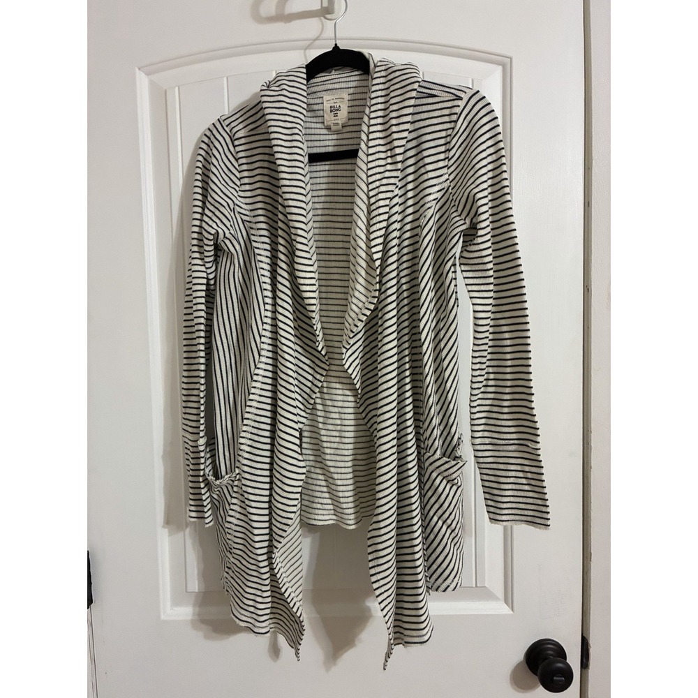 BILLABONG BlackWhite Stripes THERMAL KNIT Open Front HOODED DRAPED CARDIGAN Sz L